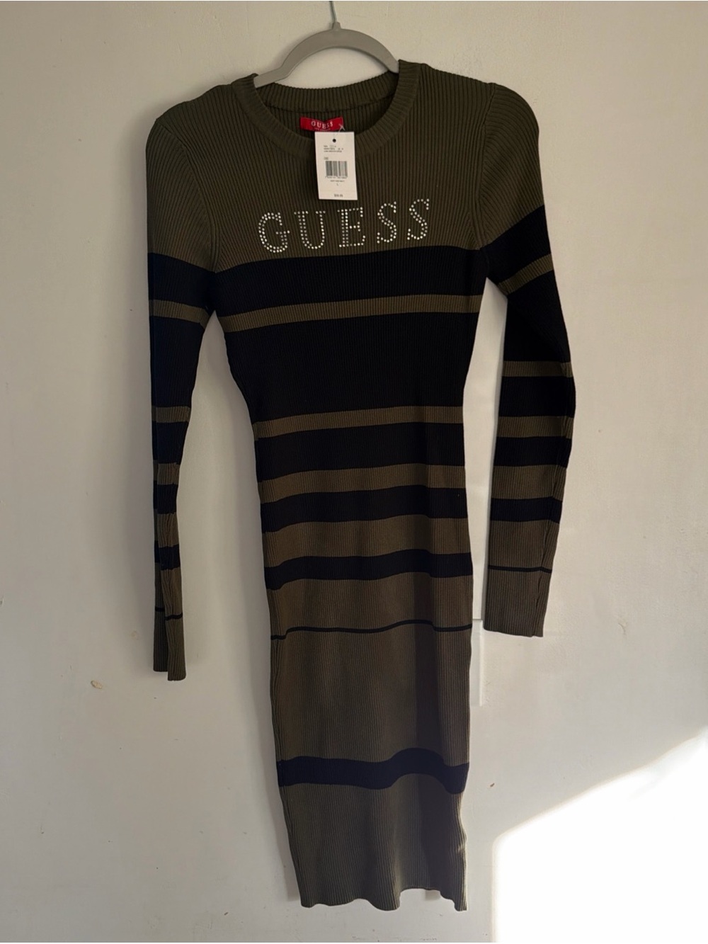 GUESS Olive Green and Black Striped Long Sleeve Ribbed Dress